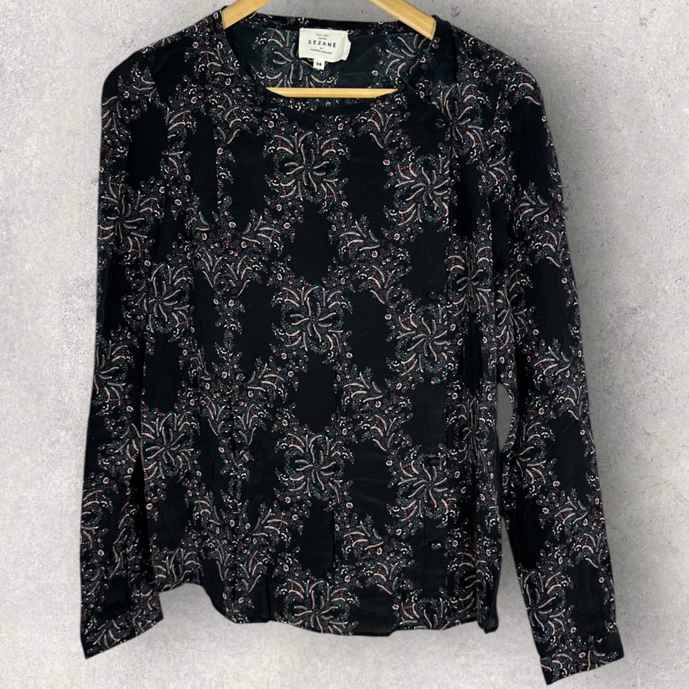 Sezane 100% Silk Printed Long Sleeve Blouse‎ Womens Size 38 French US 6 Top Boho - Picture 13 of 14